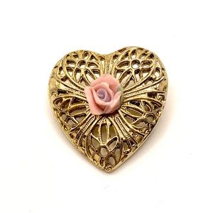 Vintage Estate Jewelry Gold Heart Pink Rose Brooch Pin Pendant Lapel 🌸 A003